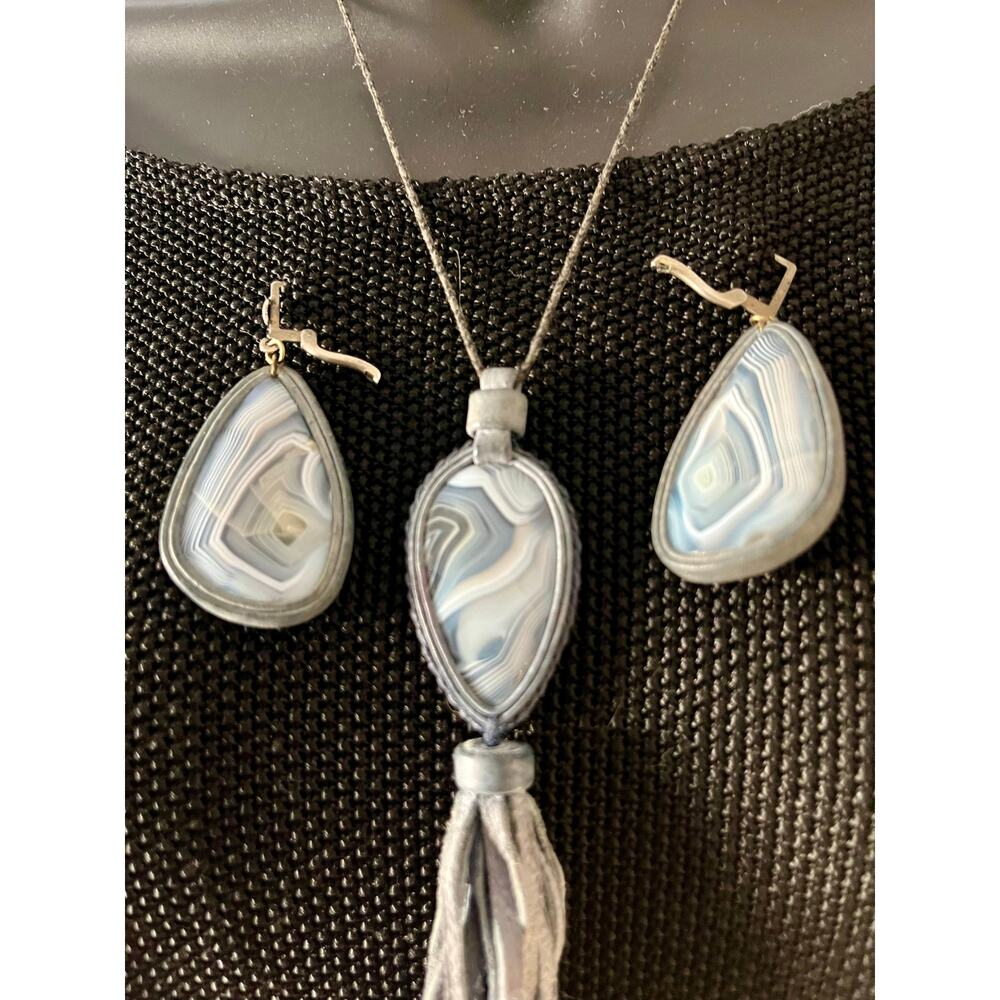 Blue Lace Agate Necklace & Earrings Jewelry Set  Pendant Natural Gemstone VTG